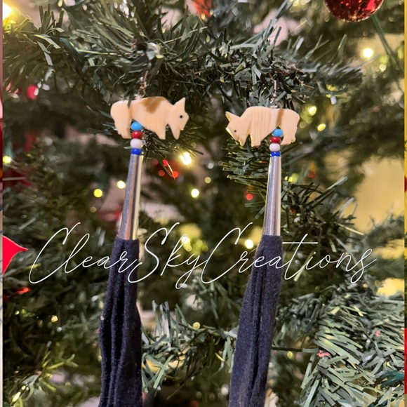 Carved Buffalo Earrings with trade cloth and beads - Picture 1 of 2